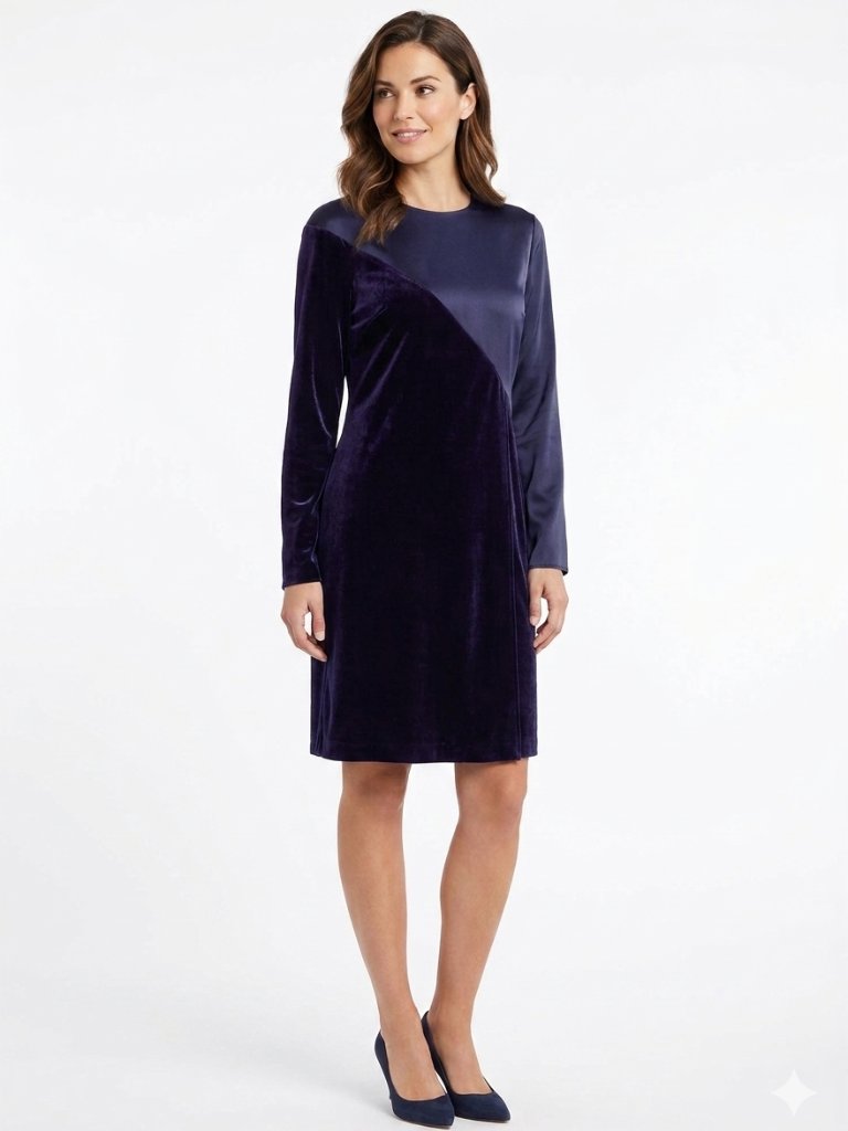 Cedric Charlier Silk Blend Navy Satin Velvet Combo Long Sleeve A-Line Dress - 8